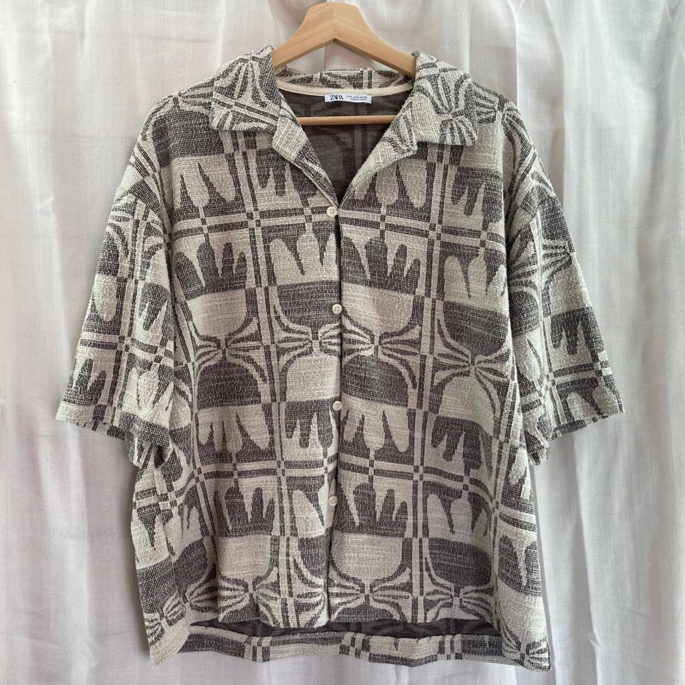 ZARA Textured Woven Shirt Abstract Geometric Pattern Short Sleeve‎ Button Down